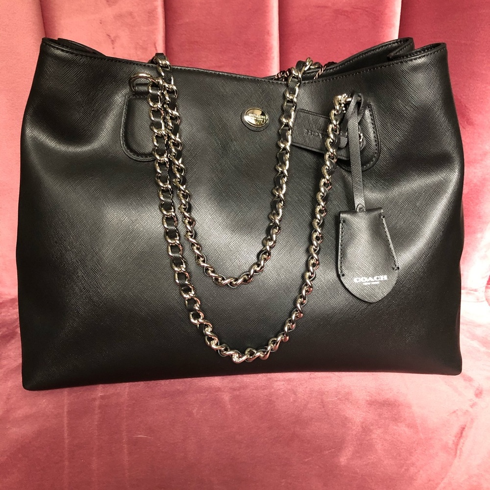 Coach black saffiano leather chain handle tote